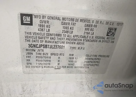 2018 Chevrolet Trax Lt z USA, uszkodzony, nr VIN 3GNCJPSB7JL237601